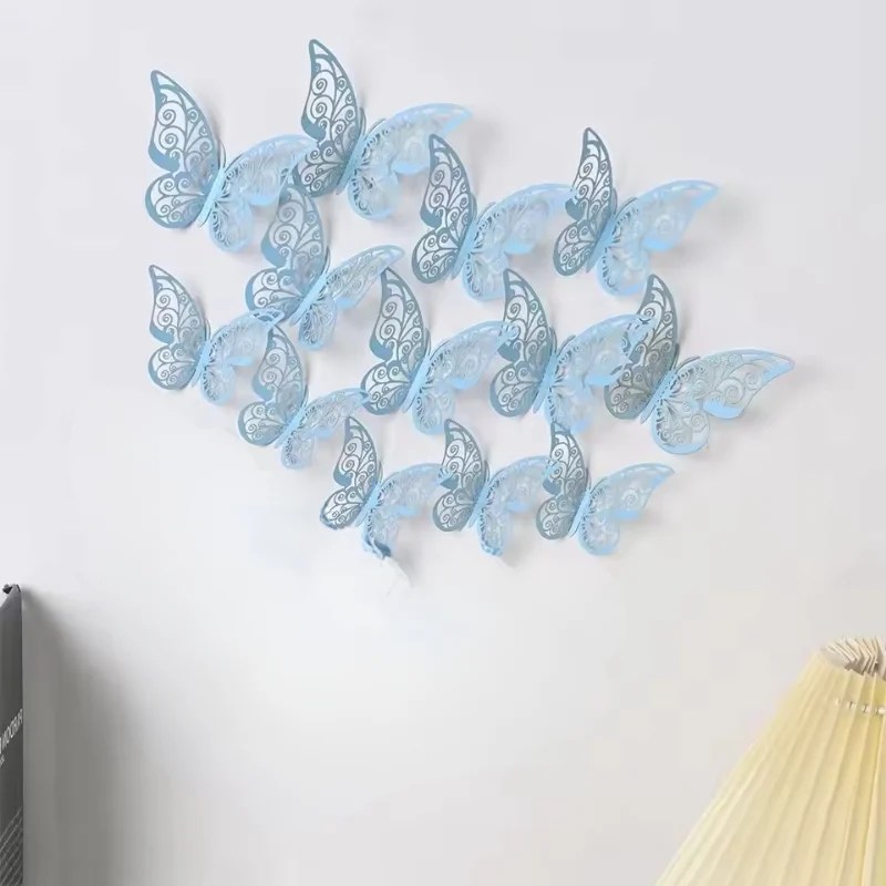 3D Hollow Butterflies Wall Sticker with Adjustable Wings 12 Pcs – Pastel Blue