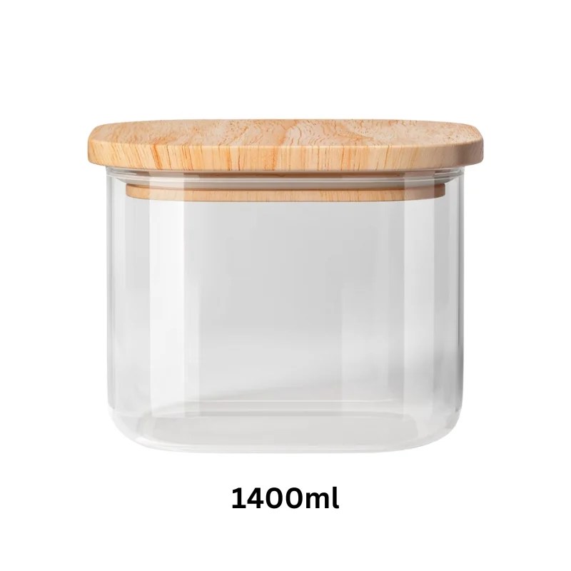 Square Glass Airtight Container with Wooden Lid 1400ml
