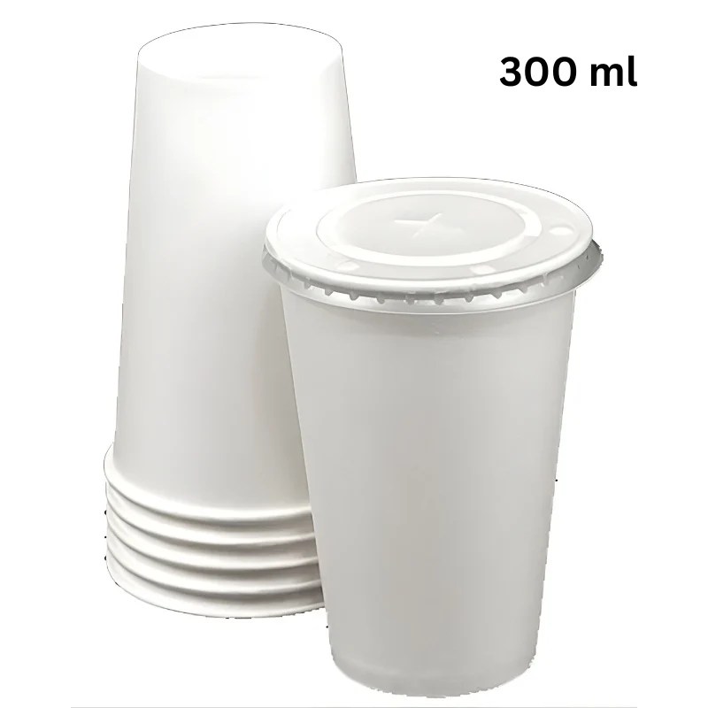 Disposable Paper Cup White 300 ml with Clear Straw Lid