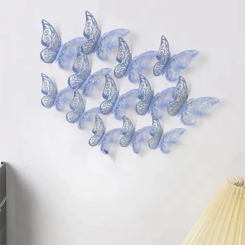 3D Hollow Butterflies Wall Sticker with Adjustable Wings 12 Pcs – Aqua Blue