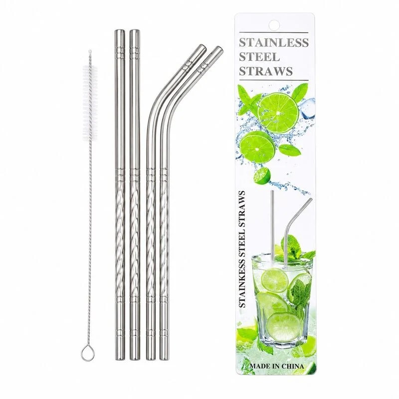 5 Pcs Silver Colour Stainless Steel Straw Set with Cleaning Brush 20cm