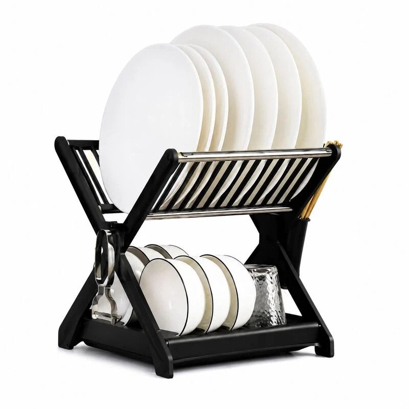 2 Layer X-Shape Dish Drainer Rack with Cutlery Holder
