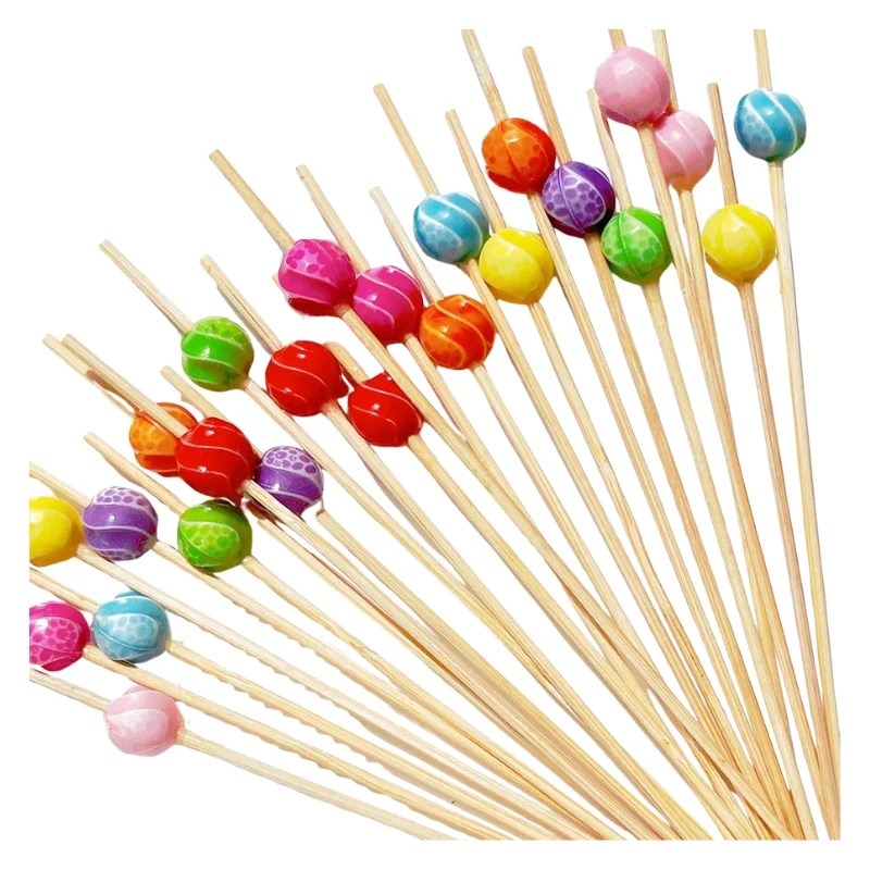 Wooden Cocktail Skewers with Plastic Pearl Beads Toppers 12cm – 10 Pcs