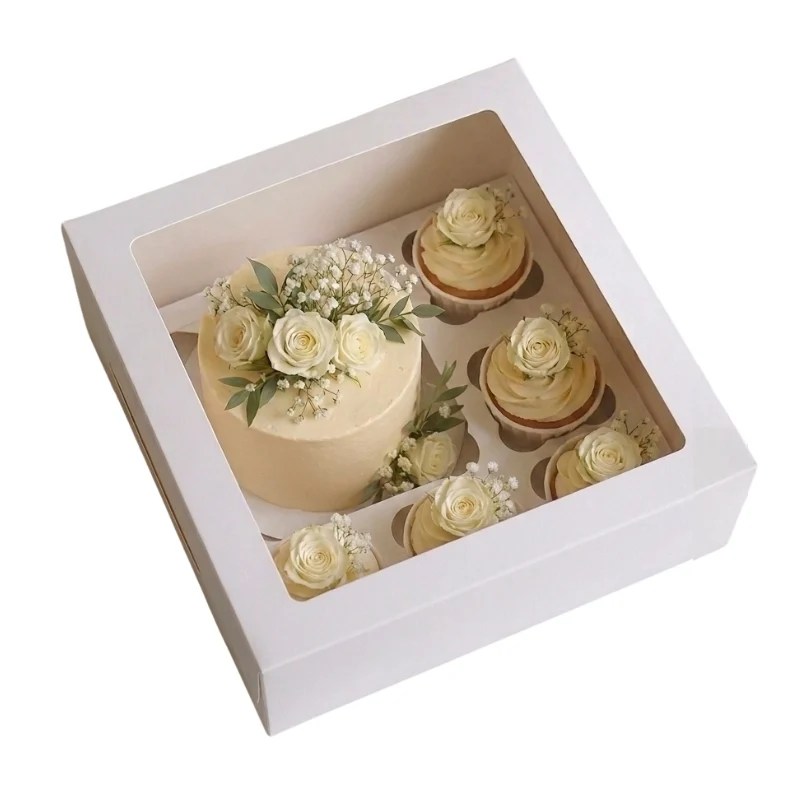 Window Cake Box with 1 Bento & 2 Cupcakes Holder (6″ x 9″ x 3.5″)