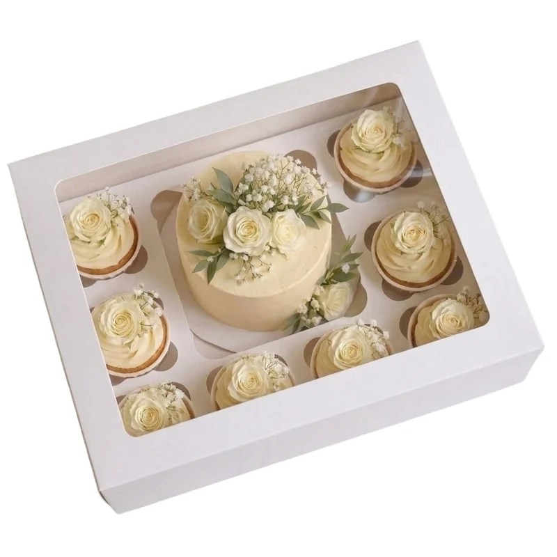 Window Cake Box with 1 Bento & 5 Cupcakes Holder (9″ x 9″ x 3.5″)