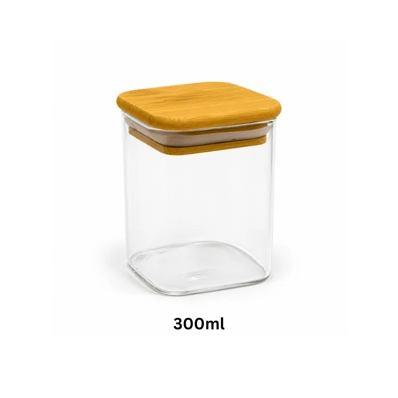 Square Glass Airtight Container with Wooden Lid 300ml