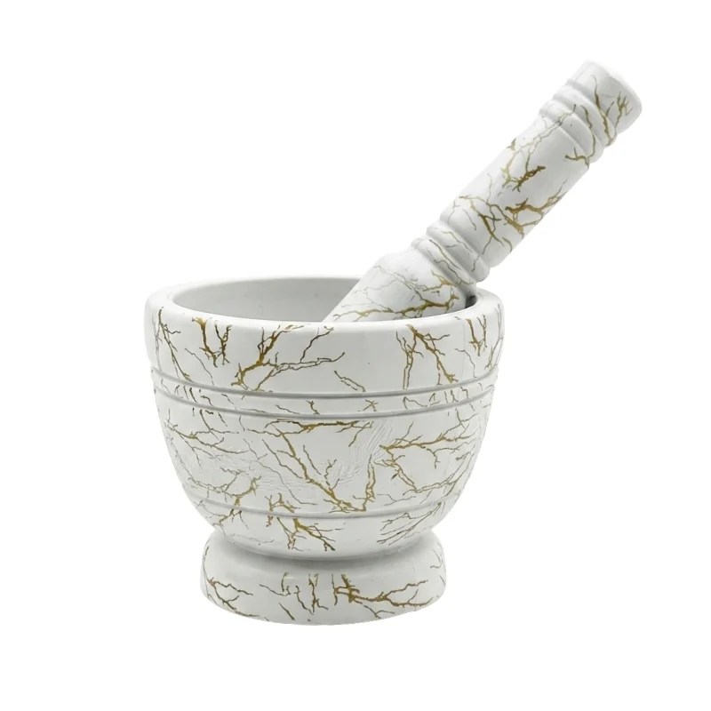 White Marble Patterned Plastic Mortar & Pestle Set (Mortar – 3.5″ x 4″ / Pestle – 6.5″)