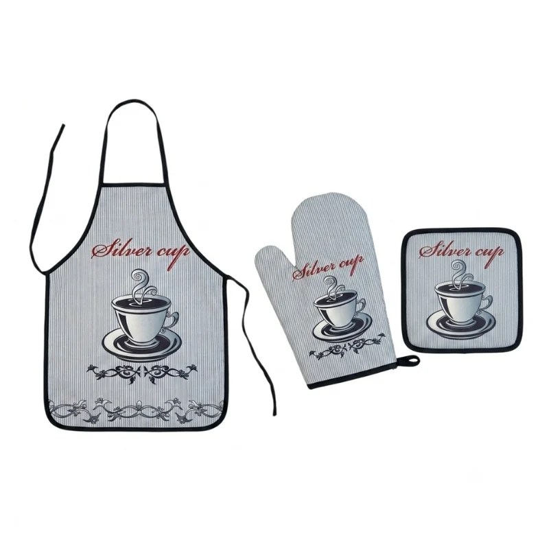 3 Pcs Thick Fabric Kitchenware Set (Apron, Oven Glove & Square Pot Holder) – 214-7