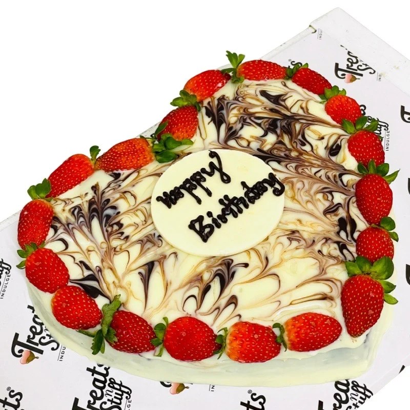 1kg Heart Shaped Chocolate Swirl Brownie Cake with strawberries and Topper with Wishes