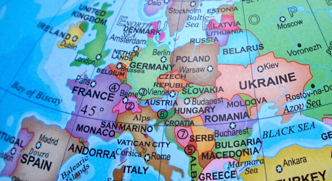 Illustrative graphic map of Europe showing country borders and regions