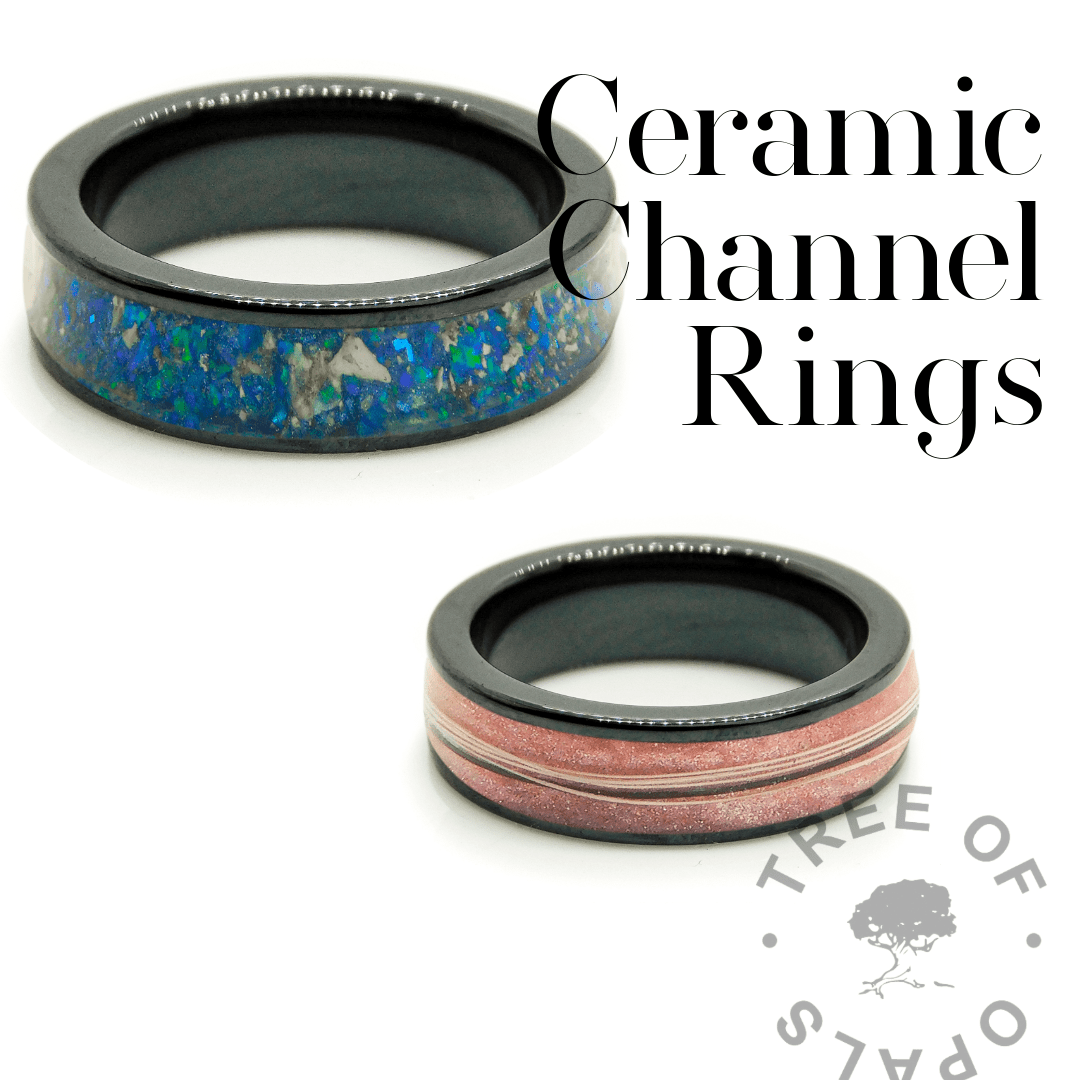 Ceramic Channel Rings from the team at Tree of Opals. Almost as hard as diamonds, totally unique inclusion rings for men, women and everyone