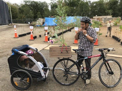 Dad snaps on bike helmet with tree in box and girls in trailer.