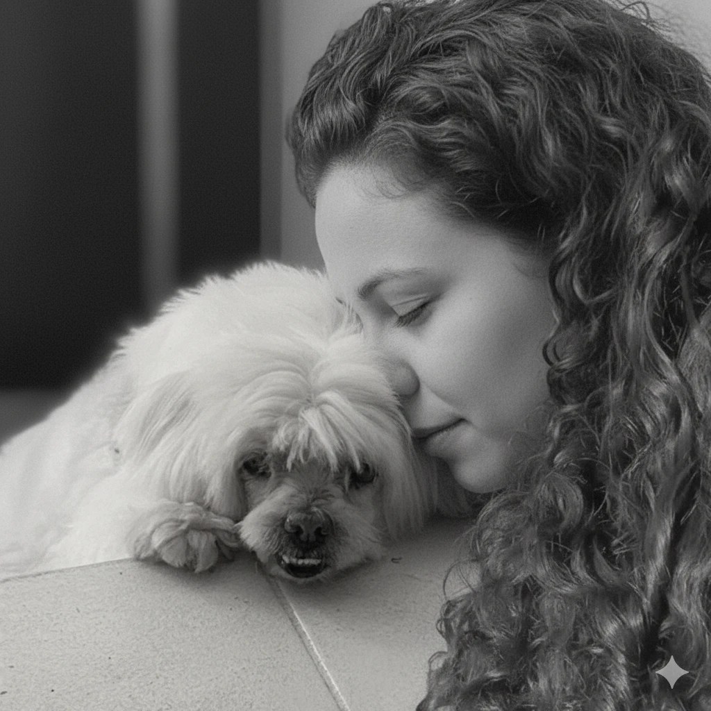 casal humano e pet em retrato preto e branco com luz suave e atmosfera íntima