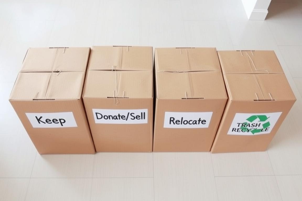 Four labeled boxes for sorting items during decluttering
