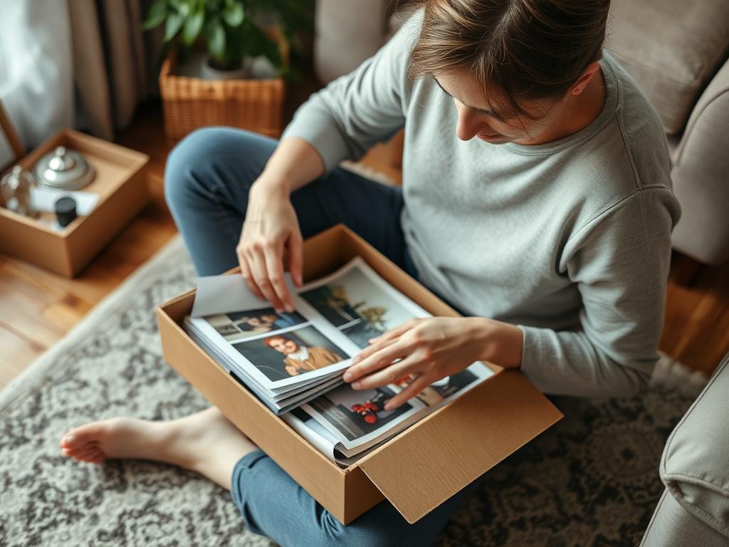 Person thoughtfully sorting through sentimental items and keepsakes
