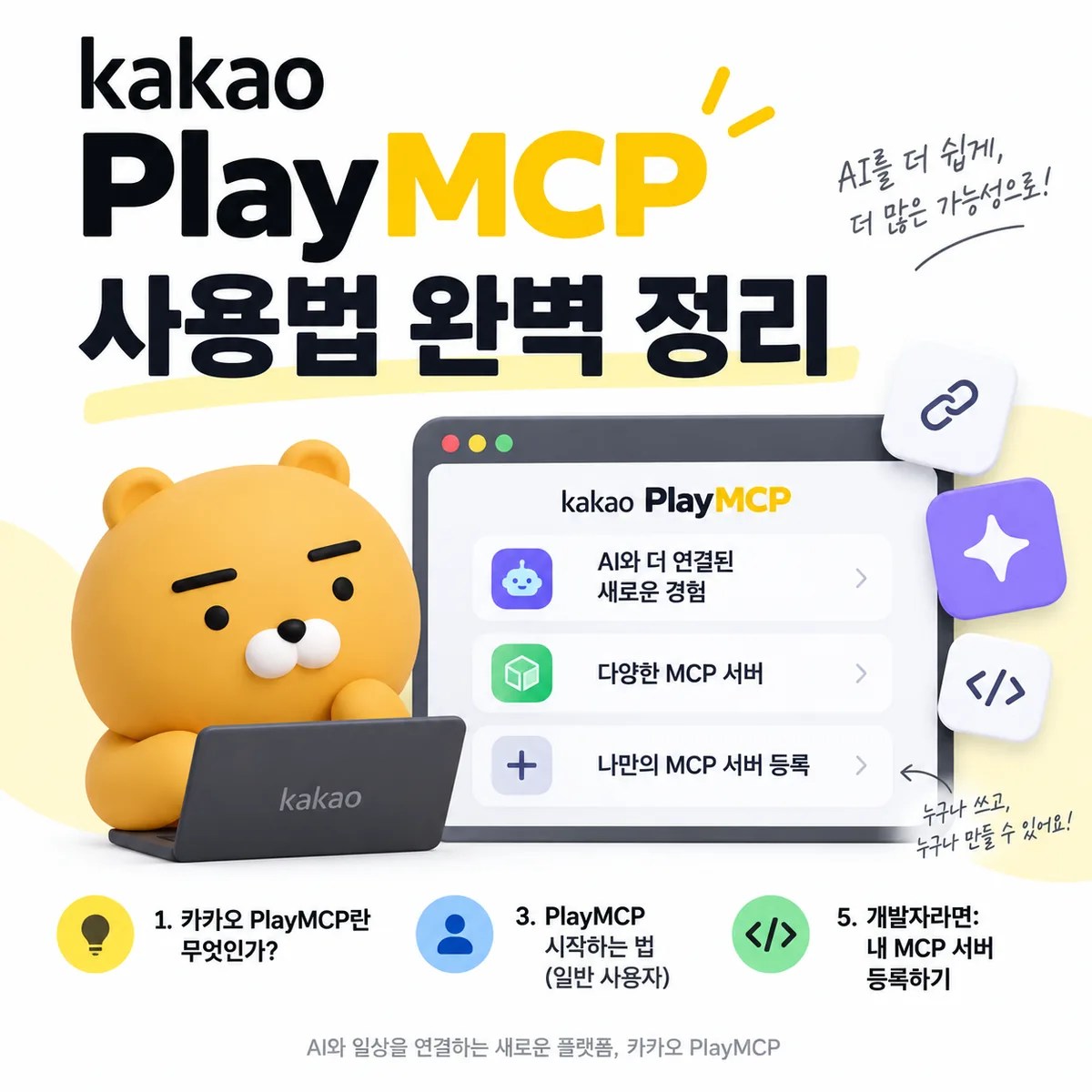 카카오 PlayMCP 사용법과 AI 서비스 연결, MCP 서버 등록 기능을 한눈에 보여주는 안내 이미지