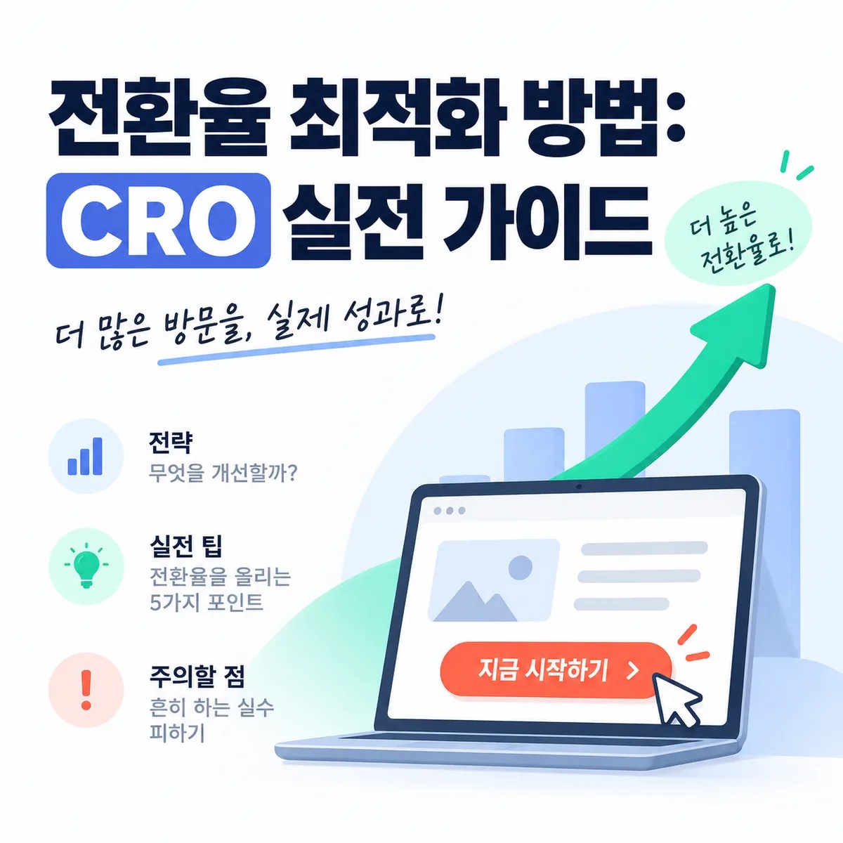 전환율 최적화 방법과 CRO 실전 가이드를 노트북의 구매 버튼과 상승 화살표로 표현한 이미지
