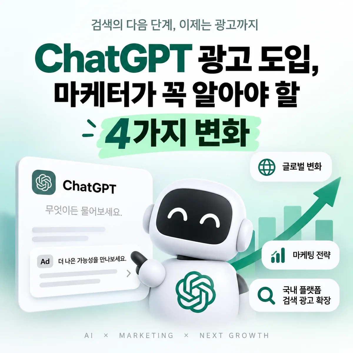 ChatGPT 광고 도입과 마케터가 알아야 할 주요 변화를 AI 로봇, 광고 화면, 성장 그래프로 표현한 썸네일 이미지