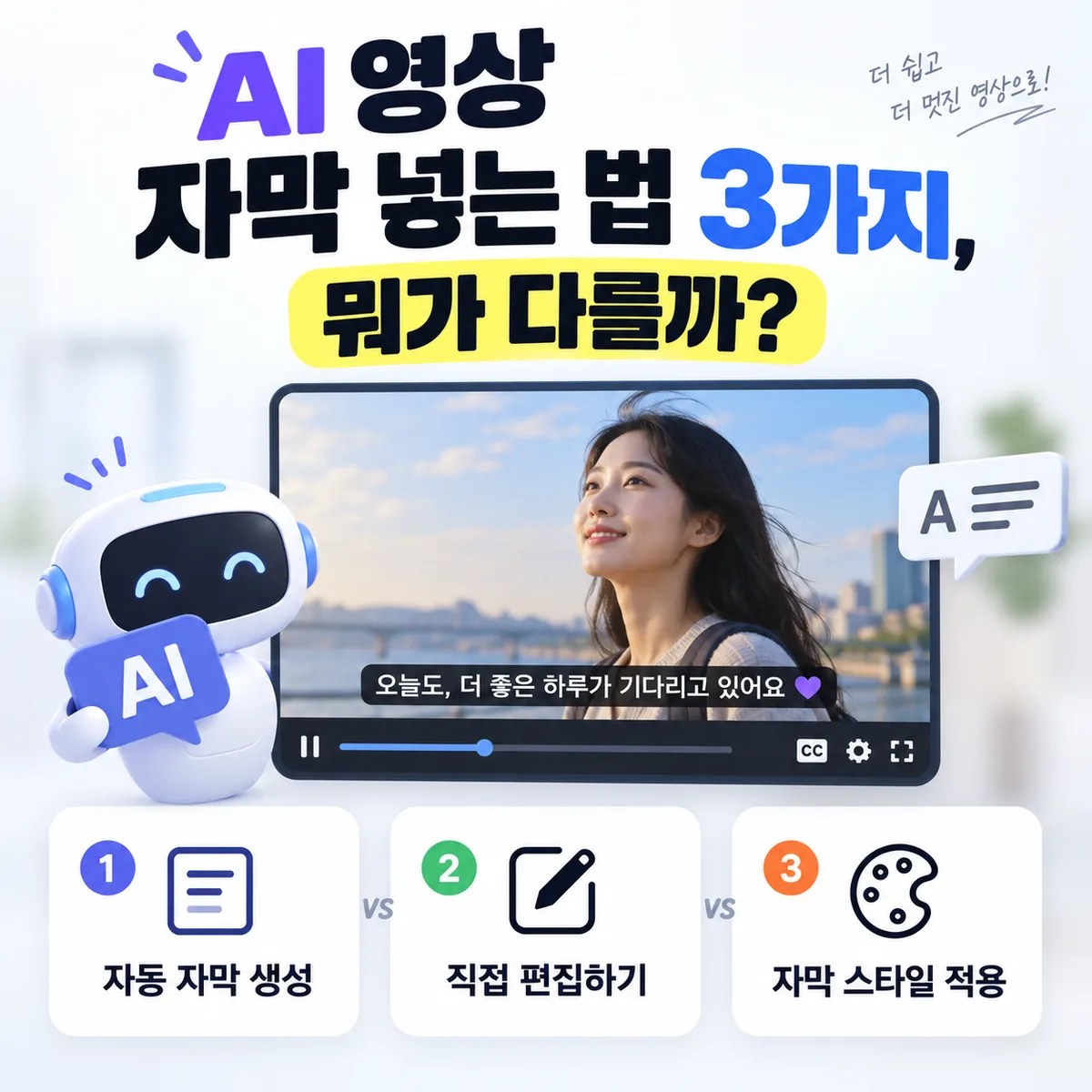 AI 영상 자막 넣는 법 3가지를 자동 생성, 직접 편집, 자막 스타일 적용 방식으로 비교한 썸네일 이미지