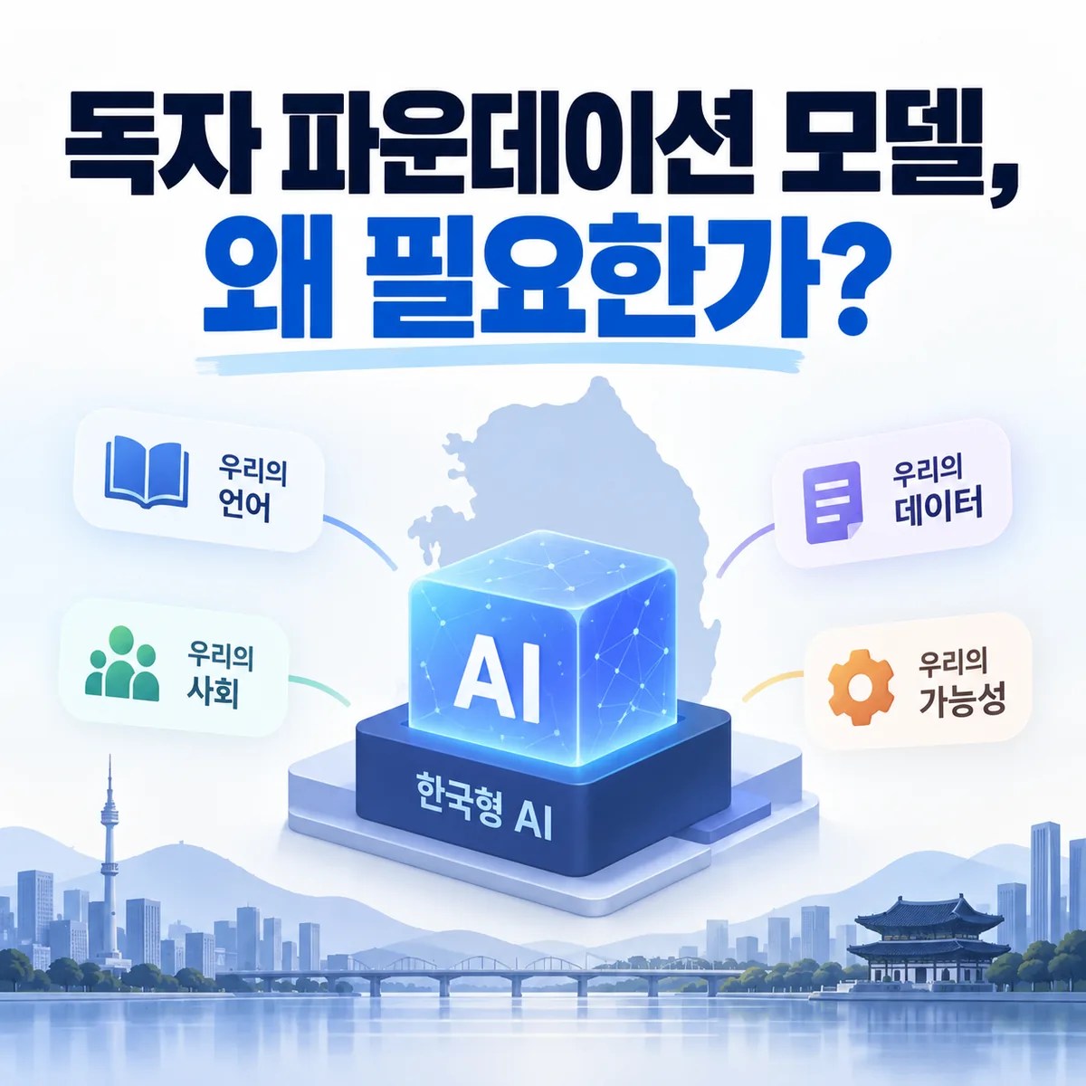 한국 지도 위 한국형 AI 칩과 연결망으로 표현된 두뇌를 통해 독자 파운데이션 모델의 필요성을 보여주는 이미지