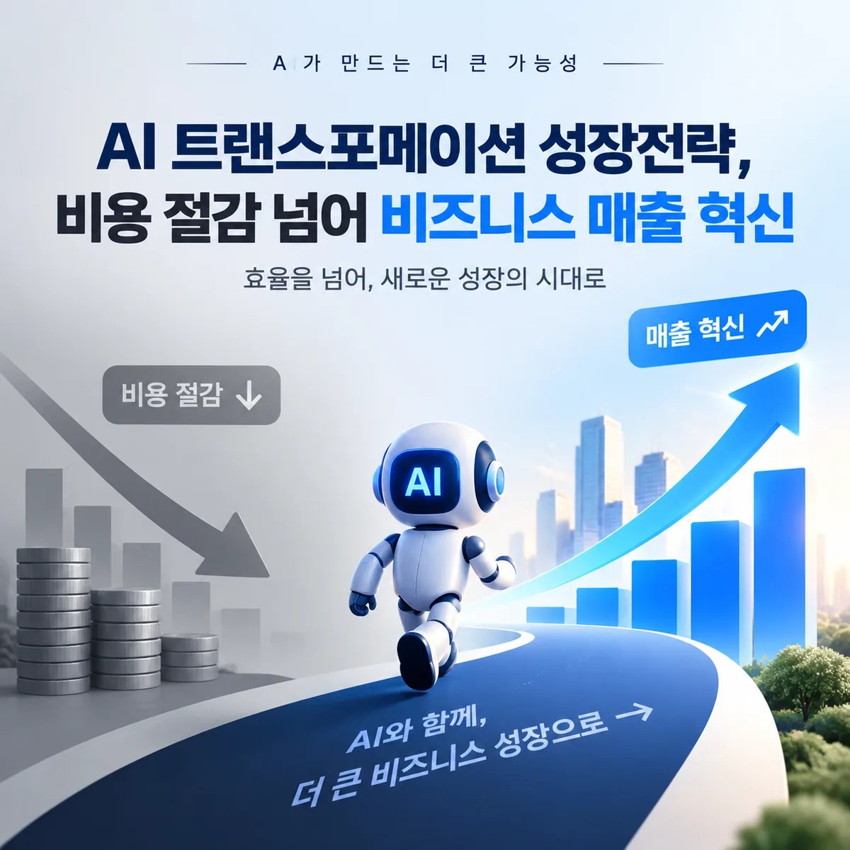 AI 트랜스포메이션을 통해 비용 절감에서 비즈니스 매출 성장으로 전환하는 전략을 표현한 기업용 AI 성장 이미지