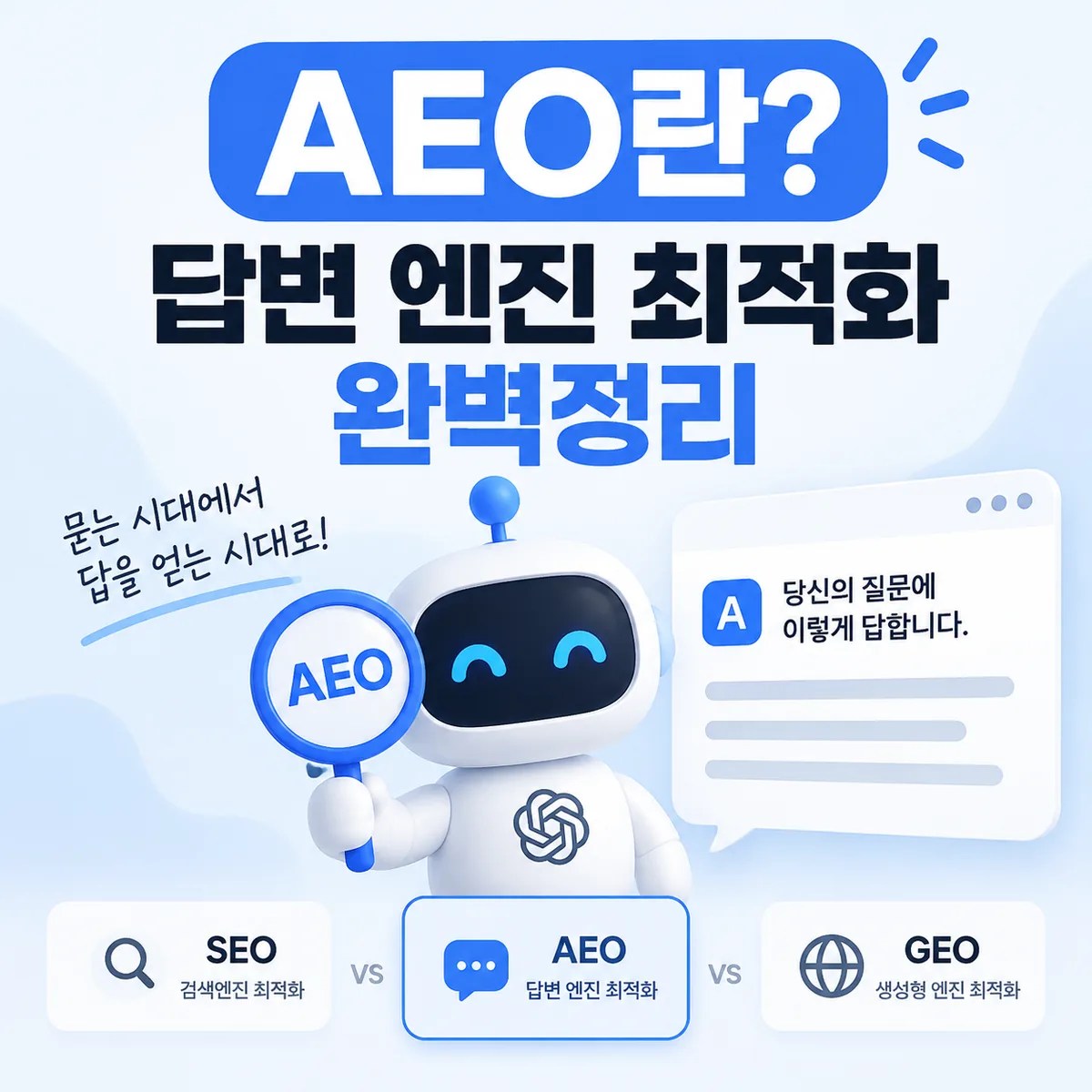 AEO란 무엇인지 설명하는 이미지로 AI 로봇과 답변 카드가 표시된 디지털 환경을 표현한 장면