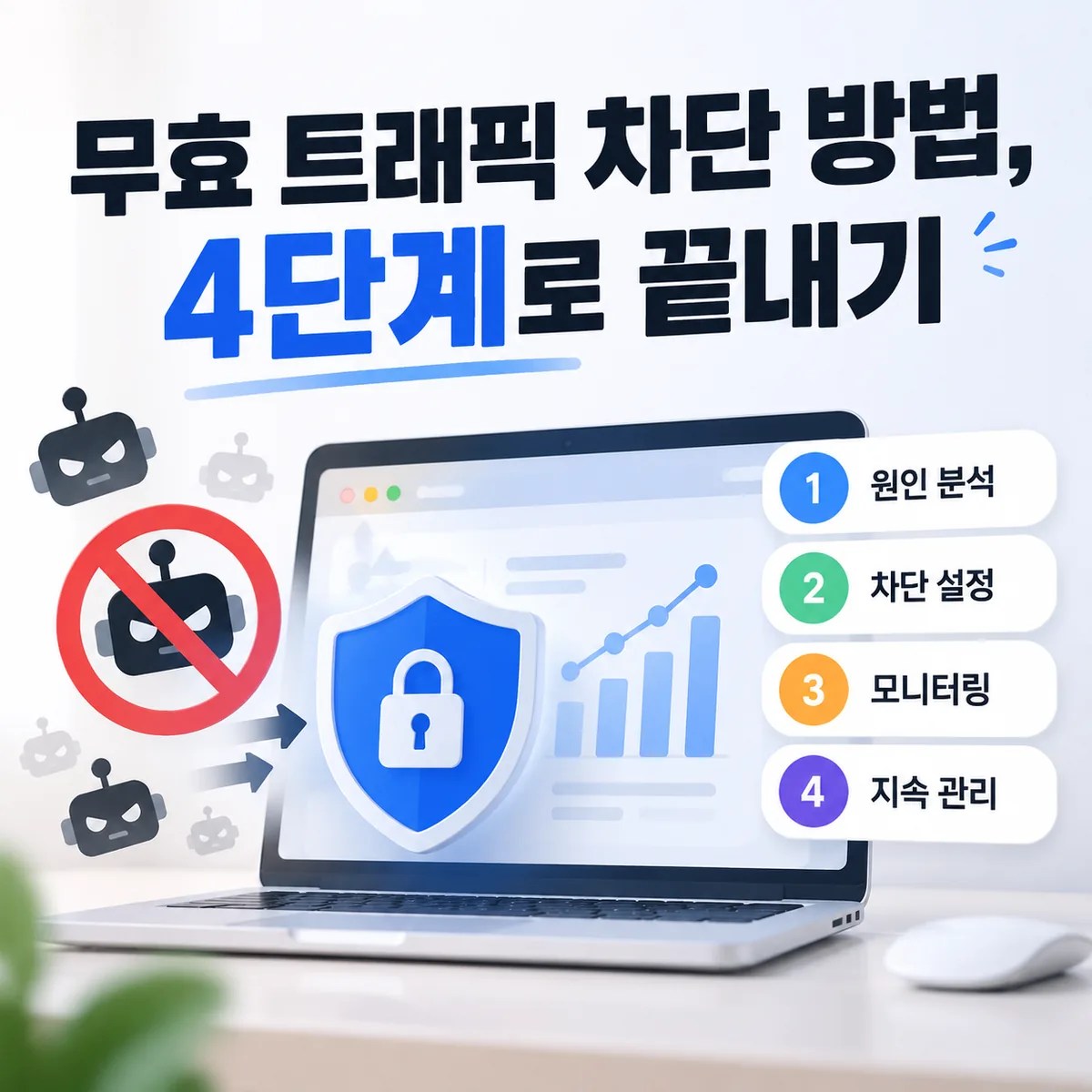 노트북 화면 앞에 파란 보안 방패가 무효 트래픽을 차단하는 모습을 표현한 사이버 보안 이미지