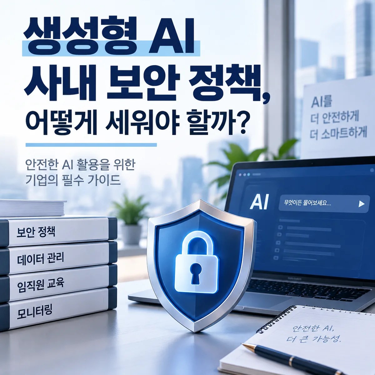 생성형 AI 사내 보안 정책의 필요성을 보여주는 노트북과 보안 방패 아이콘이 있는 기업 보안 환경 이미지