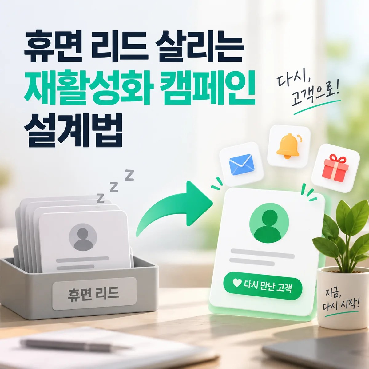 휴면 리드를 다시 활성 고객으로 전환하는 재활성화 캠페인의 개념을 표현한 마케팅 이미지