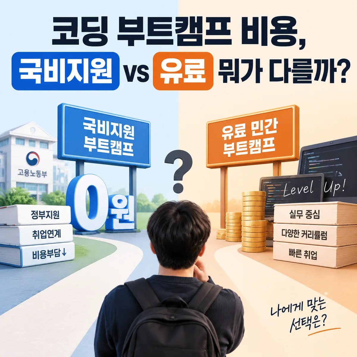 코딩 부트캠프 비용을 비교하기 위해 국비지원과 유료 부트캠프를 상징하는 공간과 선택지를 표현한 이미지