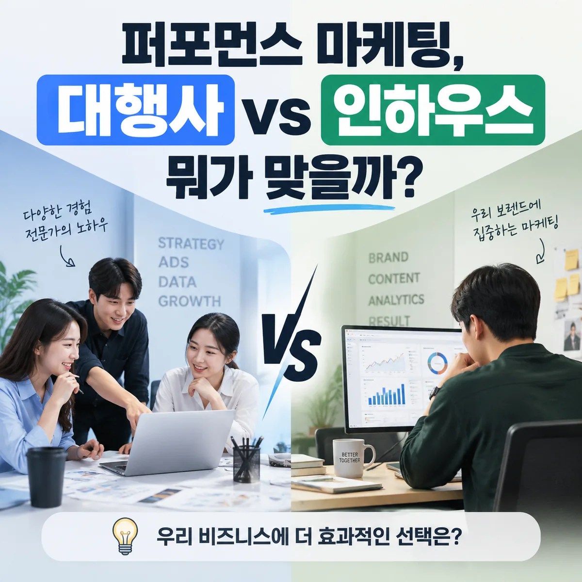 퍼포먼스 마케팅 대행사와 인하우스 마케팅 조직의 차이를 비교하는 분할 화면 이미지