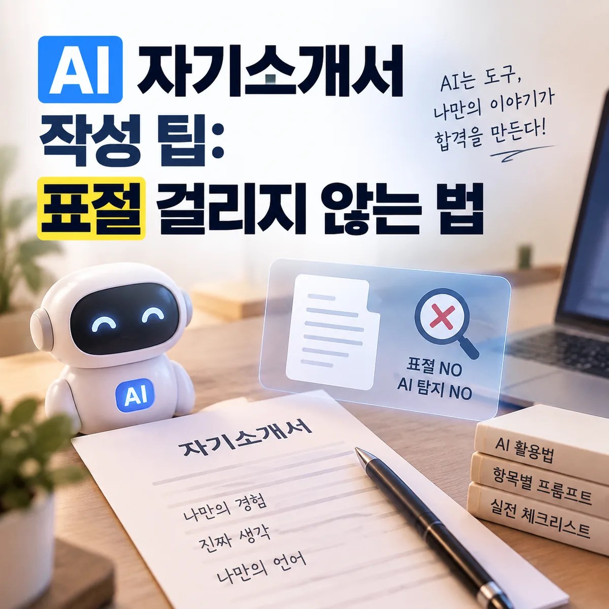 AI를 활용해 자기소개서를 작성하며 사람과 AI가 함께 아이디어를 발전시키는 모습을 담은 이미지