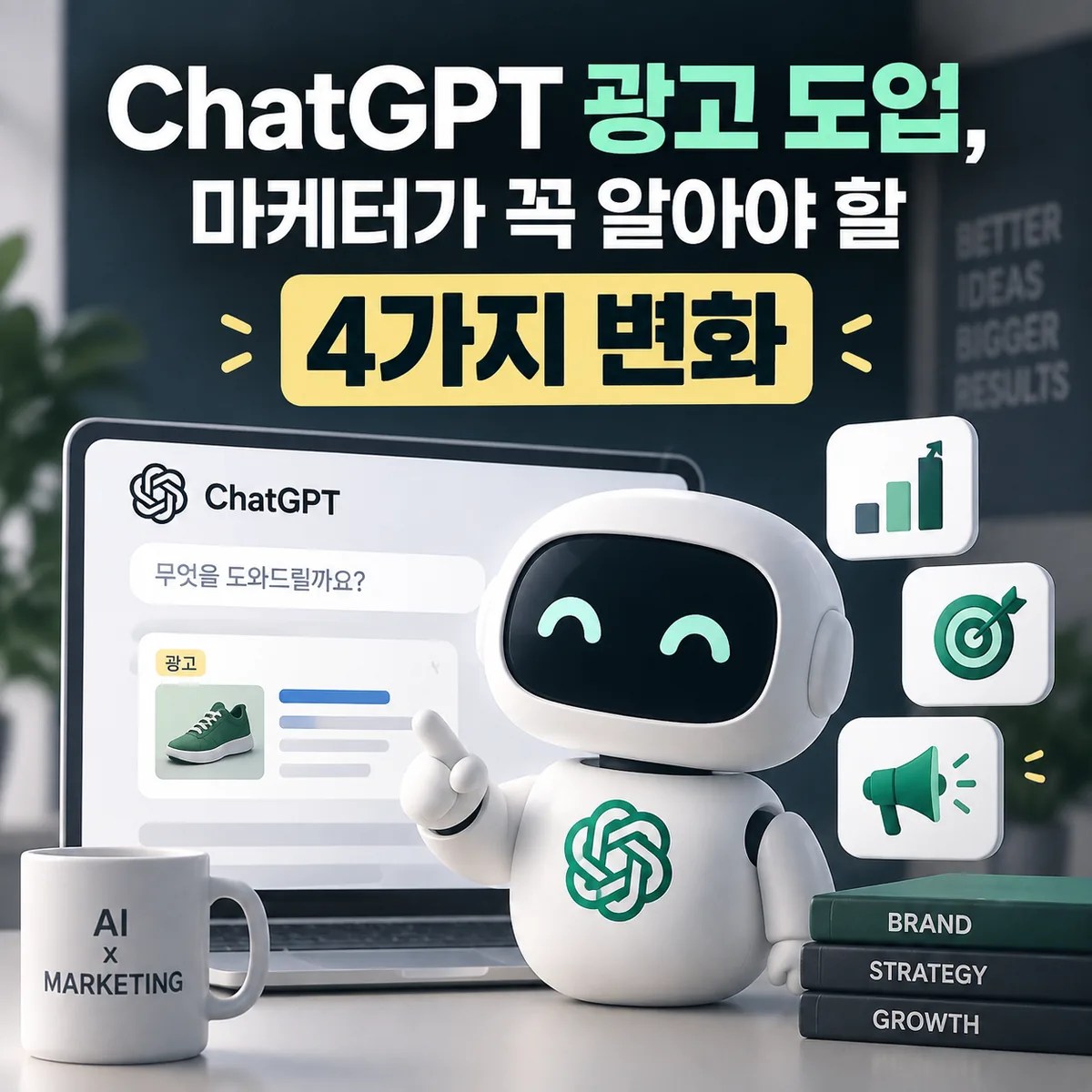 ChatGPT 광고 도입과 마케터의 4가지 변화를 표현한 AI 마케팅 테마의 썸네일 이미지