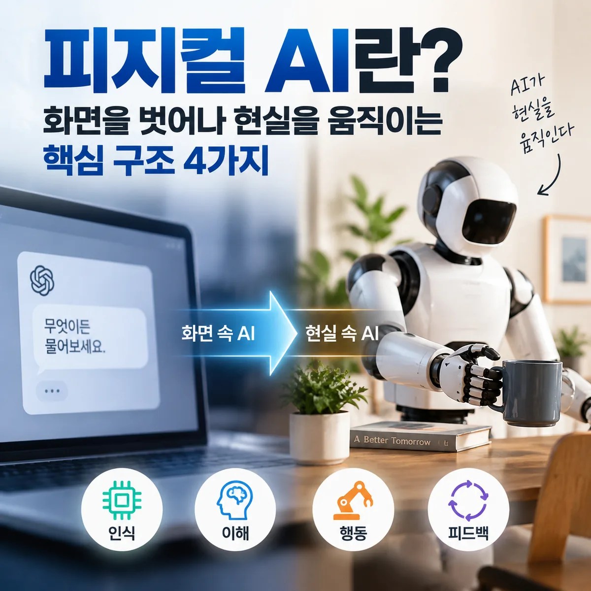 화면 속 AI와 연결된 로봇 팔이 현실의 큐브를 집는 모습