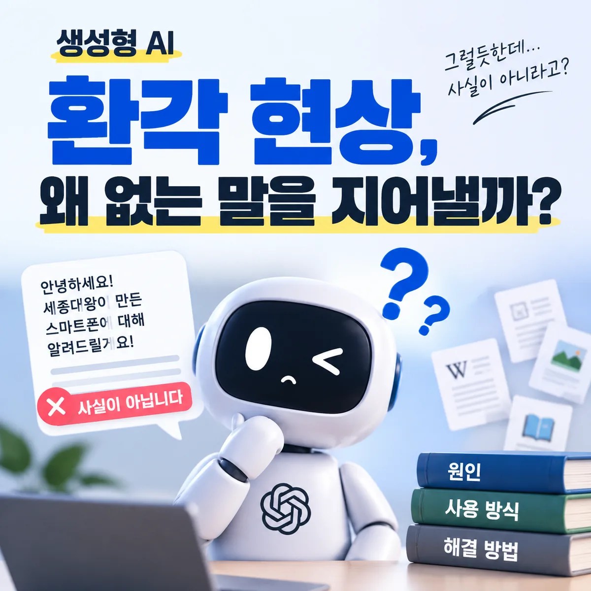 생성형 AI 환각 현상과 잘못된 정보를 고민하는 로봇 캐릭터가 사실과 허구를 비교하는 모습을 담은 이미지