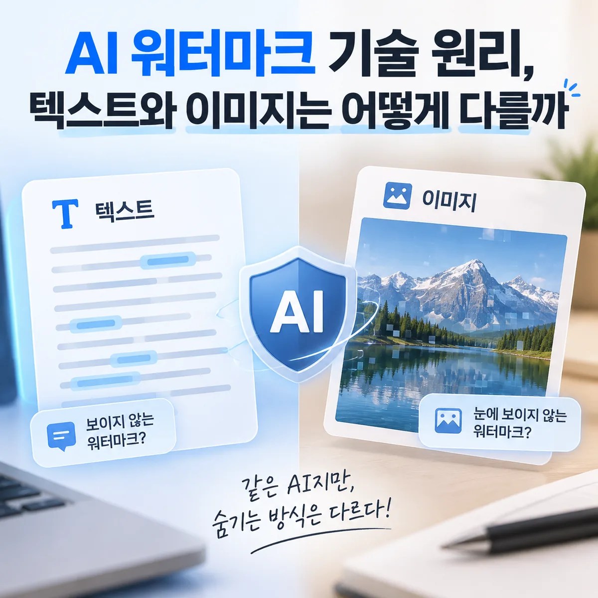 노트북 화면과 AI 워터마크 아이콘을 통해 AI 생성 콘텐츠 구분의 필요성을 보여주는 이미지