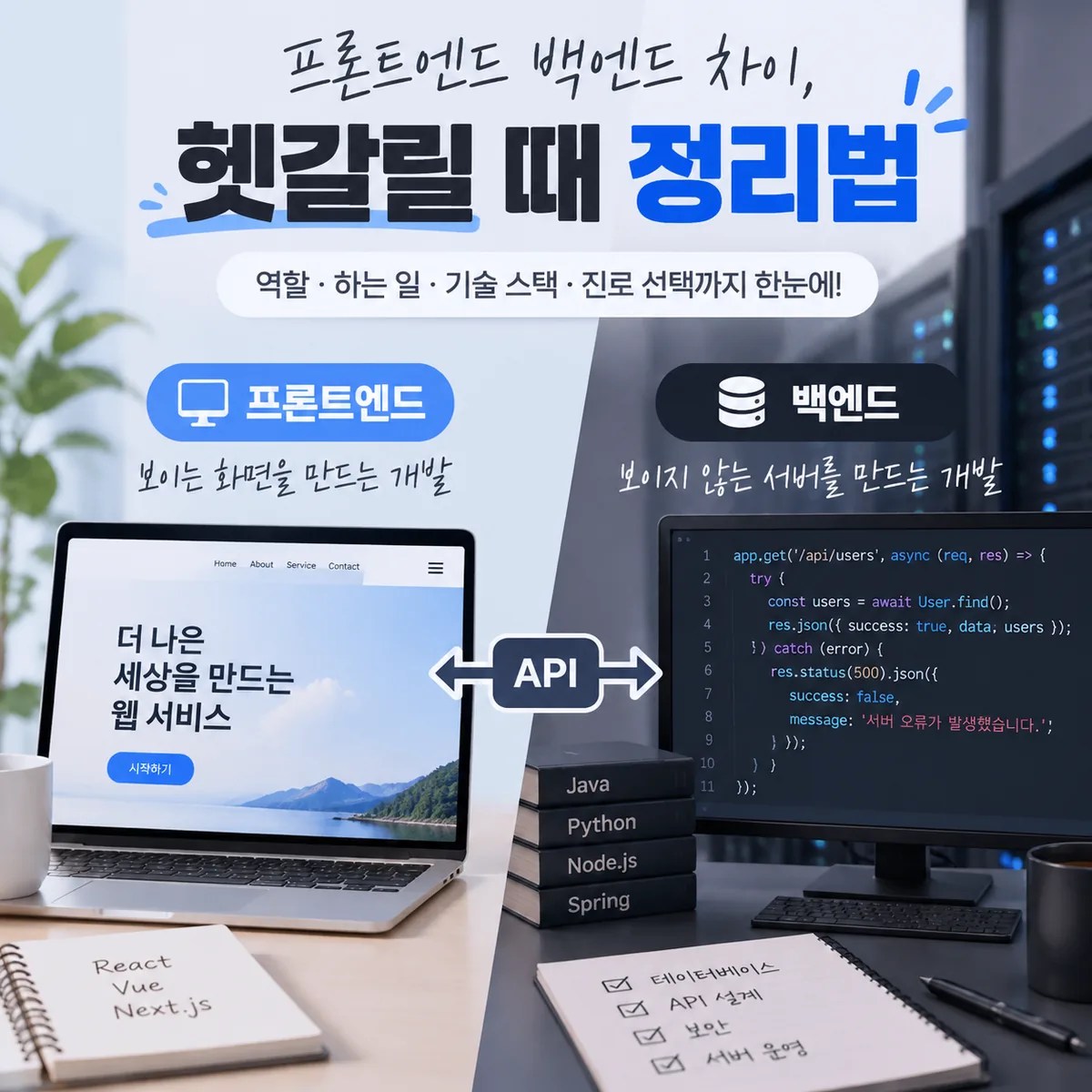 프론트엔드와 백엔드의 역할 차이를 노트북 화면과 서버 환경으로 나누어 표현한 개발 비교 이미지