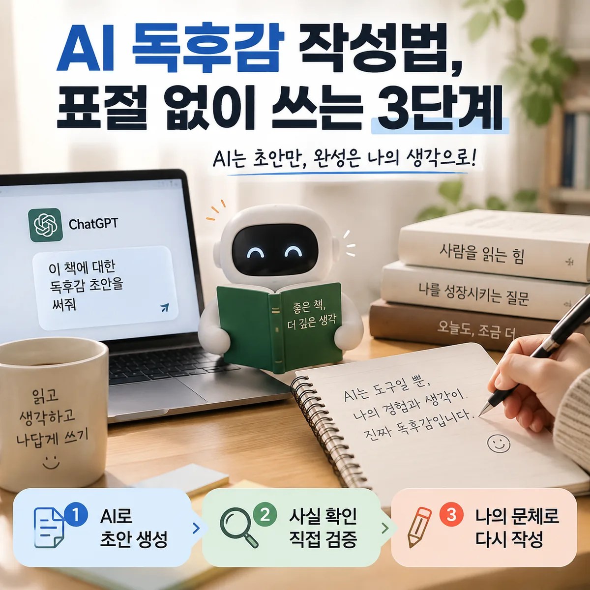 AI 독후감 작성법과 표절 방지를 위한 3단계 과정을 보여주는 노트북과 AI 도구가 있는 따뜻한 공부 공간 썸네일 이미지