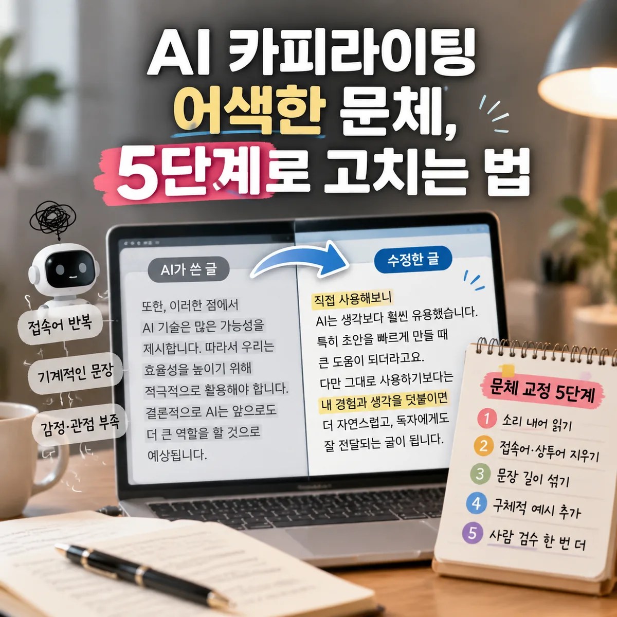 AI 카피라이팅 어색한 문체를 자연스러운 글로 수정하는 과정을 보여주는 노트북과 문체 교정 5단계 이미지