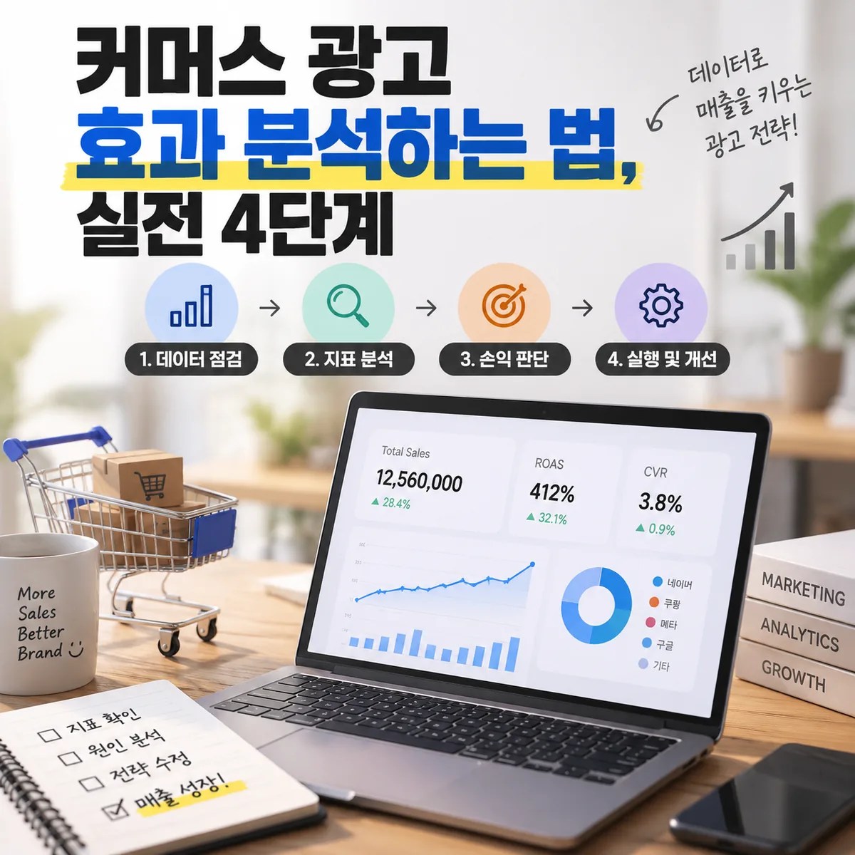 커머스 광고 성과 분석을 위한 노트북 대시보드와 ROAS, ACOS, CVR 등 핵심 지표 아이콘이 표시된 데이터 분석 작업 공간