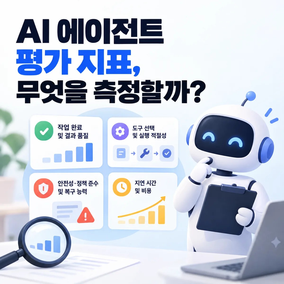 AI 에이전트의 작업 완료·도구 사용·안전성·지연 시간과 비용 등 핵심 평가 지표를 로봇과 네 개의 지표 카드로 표현한 이미지