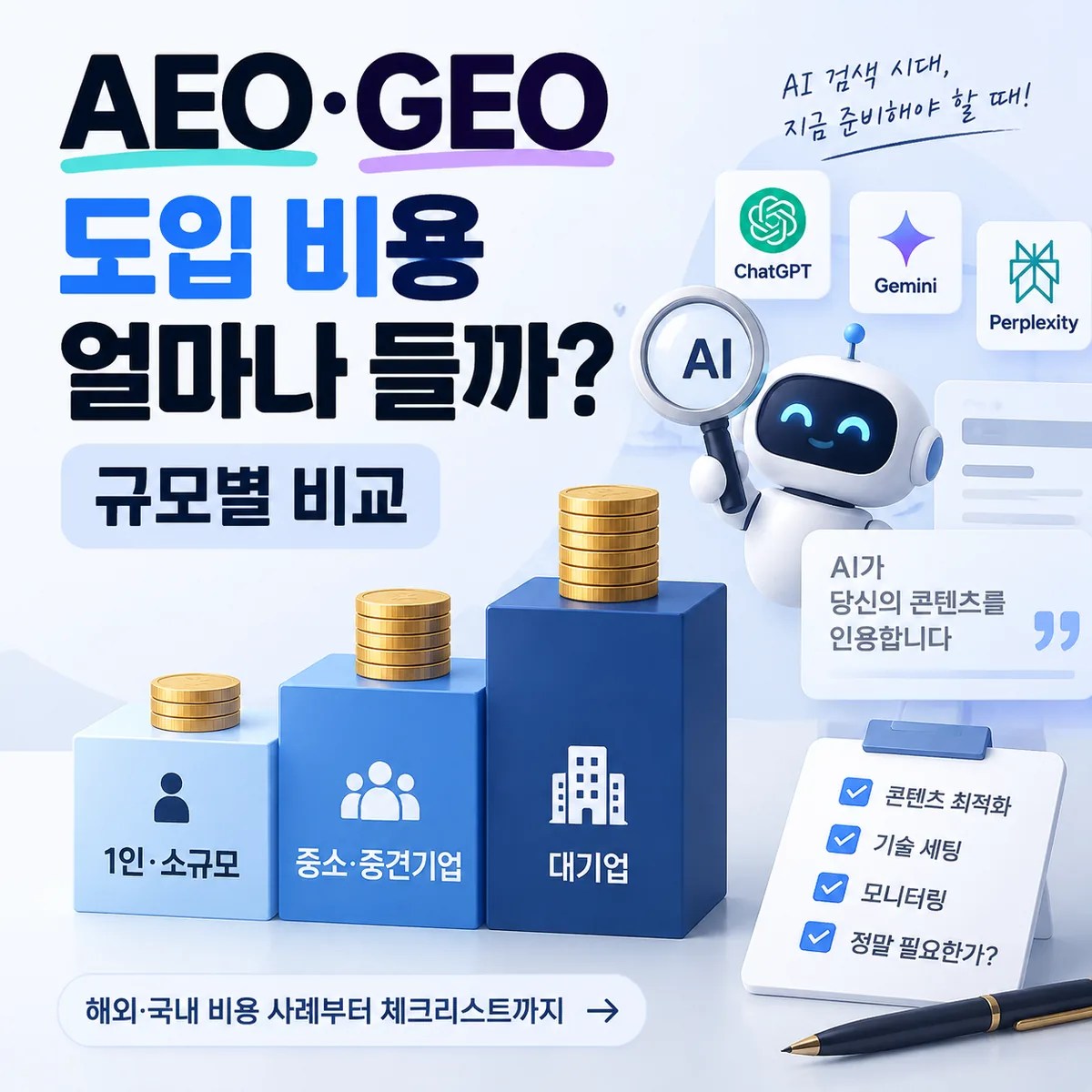 AEO·GEO 도입 비용 비교를 주제로 AI 검색 서비스와 규모별 비용 단계를 표현한 1:1 비율의 인포그래픽 이미지
