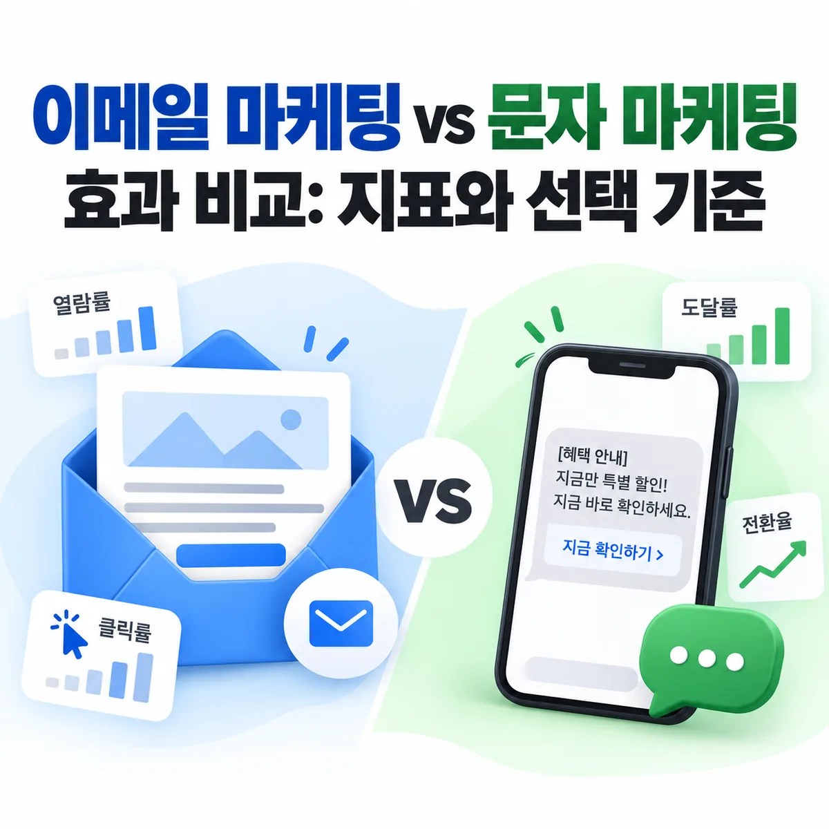이메일 마케팅과 문자 마케팅의 열람률·클릭률·도달률·전환율을 비교해 채널별 효과와 선택 기준을 보여주는 이미지
