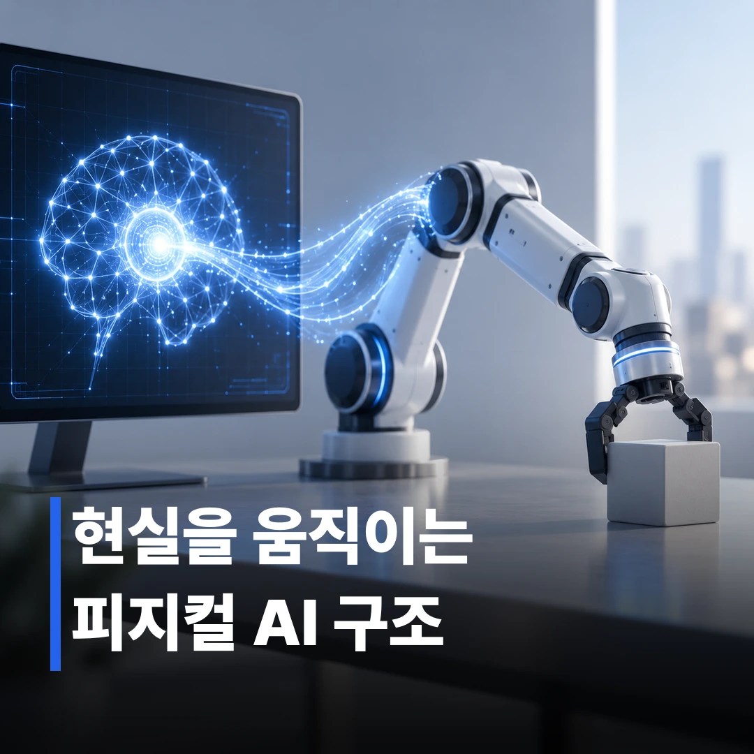 화면 속 AI와 연결된 로봇 팔이 현실의 큐브를 집는 모습