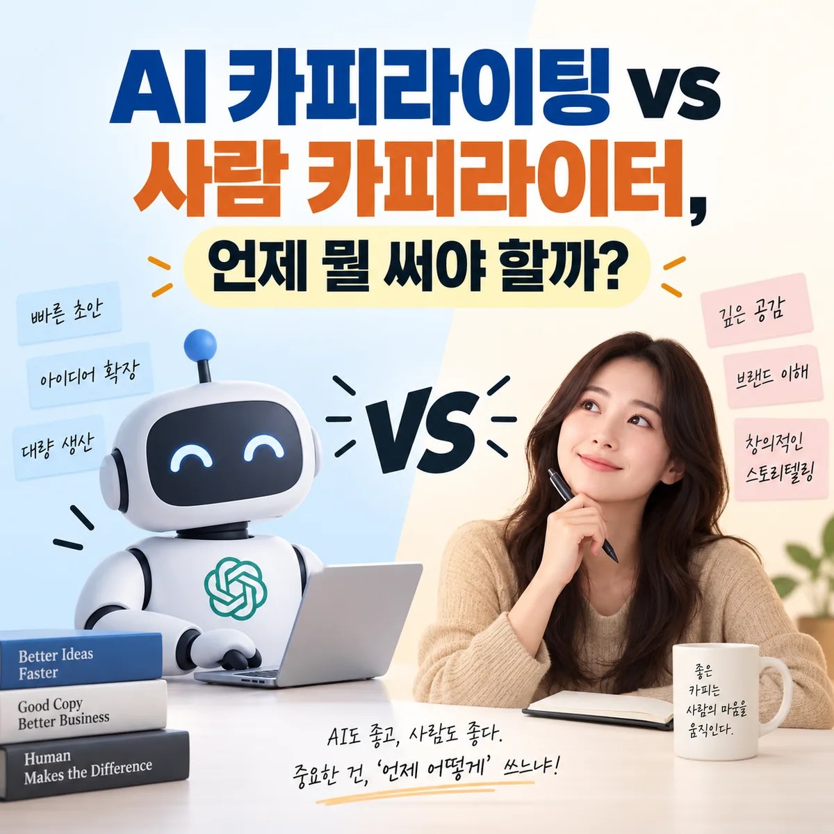 AI 카피라이팅과 사람 카피라이터를 로봇과 인간의 대결 구도로 표현해 각각의 활용 차이를 보여주는 이미지