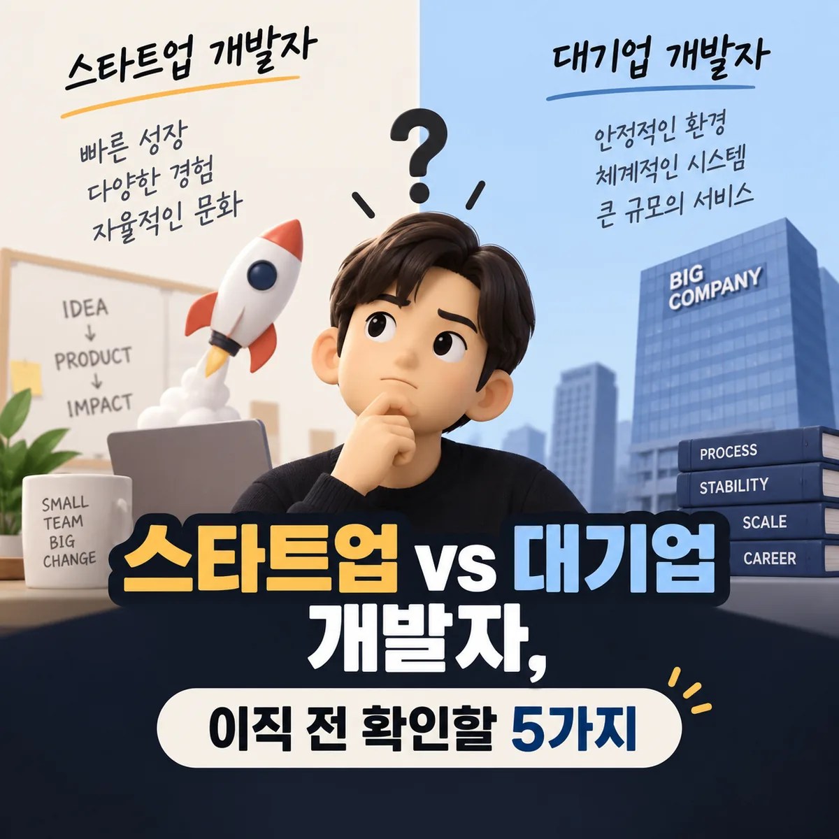 스타트업과 대기업 개발자 사이에서 이직 전 확인할 요소를 고민하는 개발자의 모습