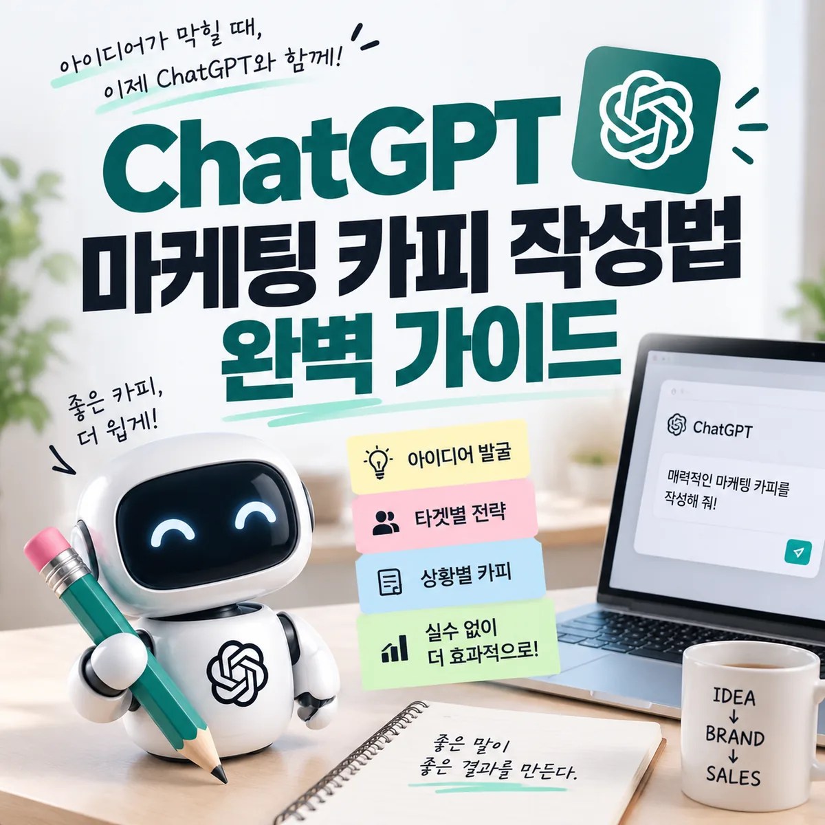 ChatGPT를 활용해 마케팅 카피를 작성하는 방법을 보여주는 노트북과 로봇 캐릭터가 있는 업무 공간 이미지