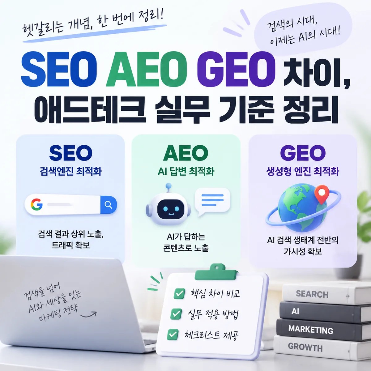 SEO AEO GEO 차이를 설명하기 위해 검색엔진, AI 답변, 위치 기반 검색을 상징하는 노트북·스마트폰·지구 아이콘이 배치된 비교 이미지