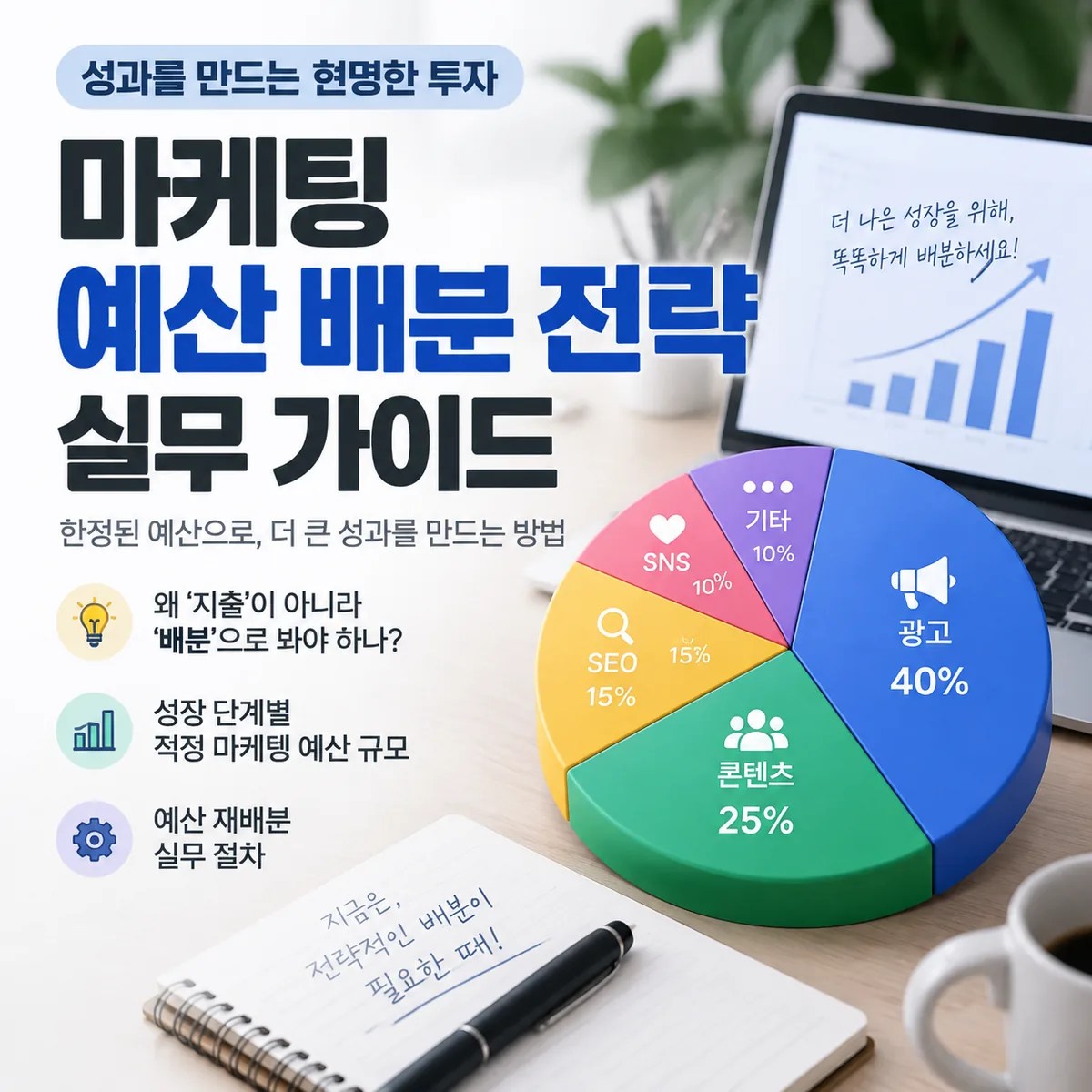 마케팅 예산을 지출이 아닌 배분 관점에서 바라보며 영수증과 전략적 예산 배분 구조를 비교하는 이미지