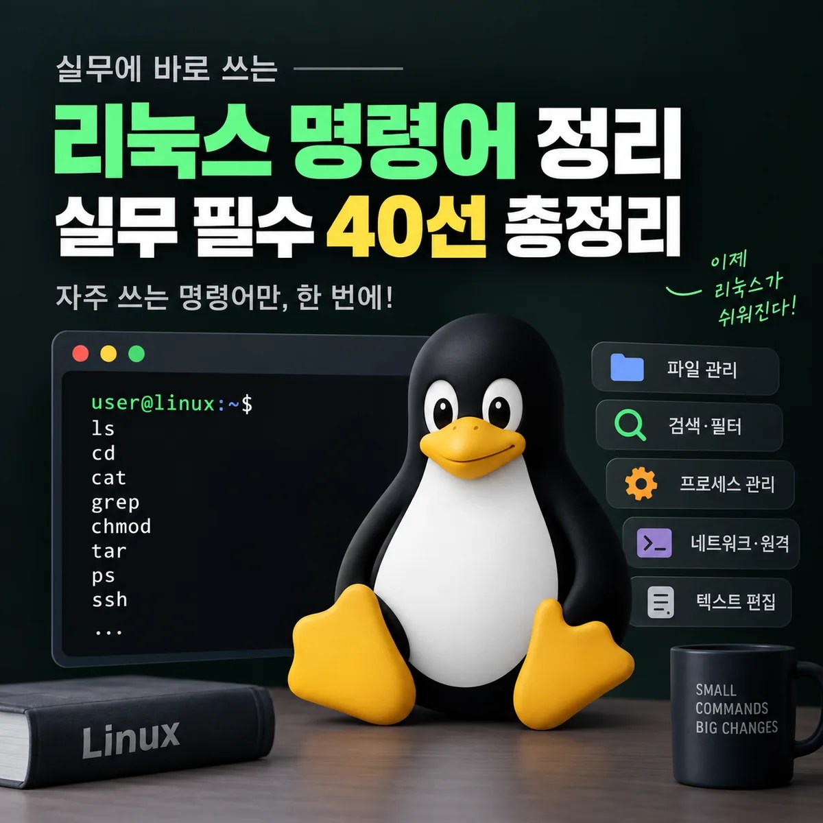 리눅스 실무 필수 명령어 40선을 터미널 화면과 리눅스 펭귄 캐릭터로 표현한 썸네일 이미지